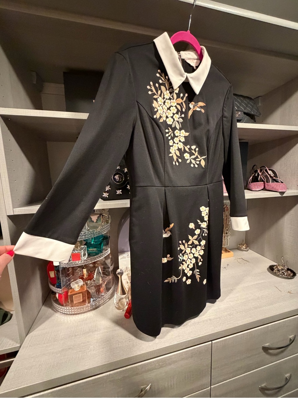 Ted Baker Black Long Sleeve Dress with Cream Collar and Floral Embroidery - Picture 3 of 4